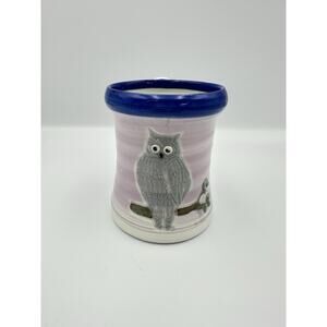 Vintage Handmade Studio Pottery Mug Owl Lavender Purple Blue Rim Signed Artist
